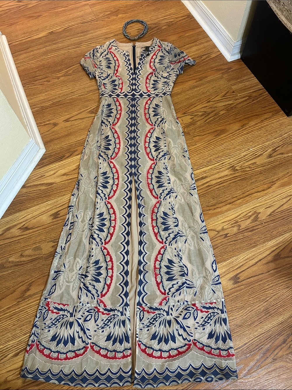 BCBGMaxAzria Beige Maxi Dress with Navy and Red Embroidery